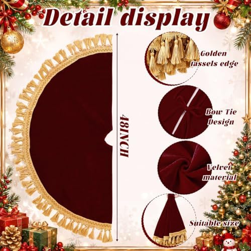 Blueweenly 48 Inch Burgundy Christmas Tree Skirt, Gold Tassel Edge - Image 2