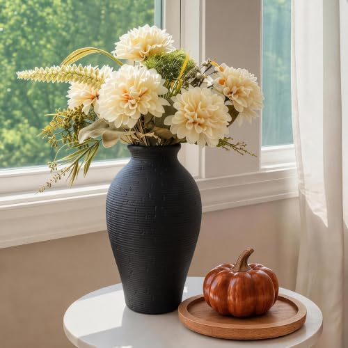 Ceramic Flower Vase Home Decor, 11 in Farmhouse Table Black Vases Rustic Vintage Living Room Kitchen Bedroom Decorations Pottery Decorative Vases for House Shelf Office Coffee Desk Dining Fireplace - Image 2