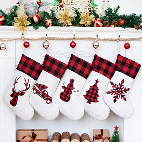 LUBOT Set of 5 Christmas Stocking(20inch) Silhouette Buffalo Red Plaid/Rustic/Farmhouse/Country Cotton Fireplace Hanging Xmas Stockings Decorations for Family Holiday Season Decor by LUBOT