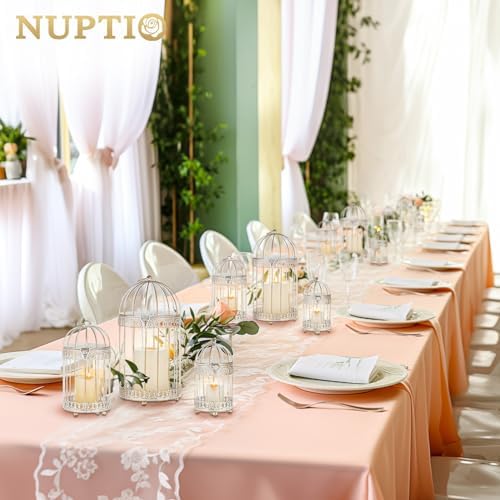 NUPTIO Decorative Candle Lanterns White, Distressed White Metal Bird Cage - Image 4