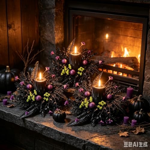 6 Pcs Black Fern Purple Flower Halloween Mini Candle Ring Wreaths with Green Berry Purple Glitter Baubles Gothic Artificial Pillar Candle Holder Wreath for Spooky Dark Home Table Fireplace Decoration - Image 5