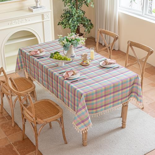 JIALE Easter Gingham Tablecloth Cotton Linen Fabric Colorful Checkered Table Cloth with Tassel, Washable Wrinkle Free Buffalo Plaid Table Cover for Spring Summer Dining Party, Multi Purple, 55X106'' - Image 3