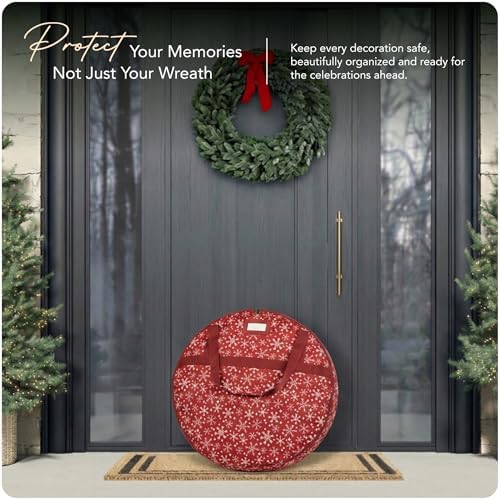 Covermates Wreath Storage Bag, 30" Diameter x 7" H, Red Snowflake - Image 2