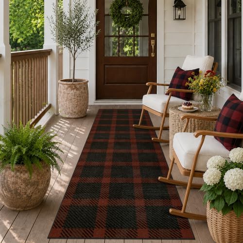 JTJ Easy Jute 2x6 Outdoor Runner Rug, Black & Red Buffalo Plaid, Washable by JTJ