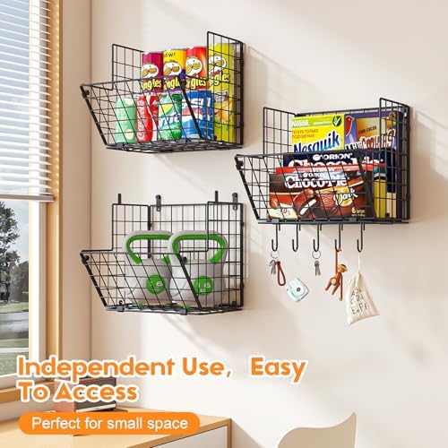 X-cosrack Metal Wire Basket Wall Mount, 3 Tier Wall Storage Organizer with 5 S Hooks, Kitchen Fruits and Vegetables Bin Toys Organizer Hanging Basket Black (S (10.83" L x 10.63" W x 30" H)) - Image 6