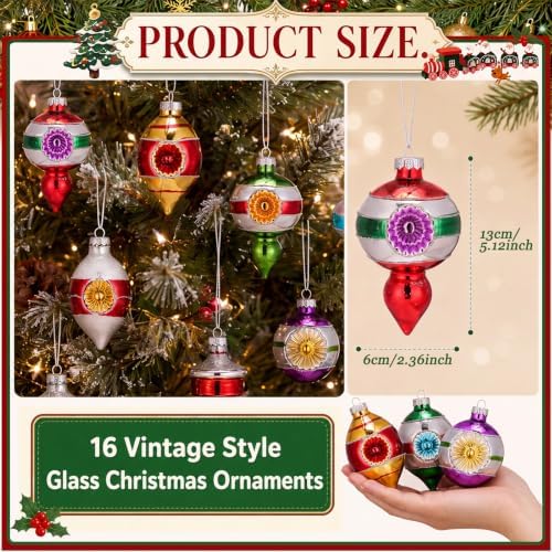 16 Pcs Vintage Glass Christmas Ornament Reflector Decor, Classic - Image 3