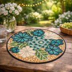 Beaded Placemats for Dining Table Teal Ivory Flower Design Set of 2-13 Inches Flower Beaded Placemats Round for Gathering, Christmas- Occasional Decoration - Image 3