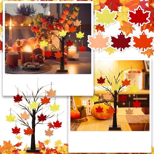 Briwooody 24'' Lighted Thanksgiving Gratitude Tree Kit, Brown Thanful Tree with 60 Leaves, Hemp Ropes & Pens, DIY Fall Decoration for Autumn Table Centerpiece Thanksgiving Gift (Battery Not Included) - Image 5
