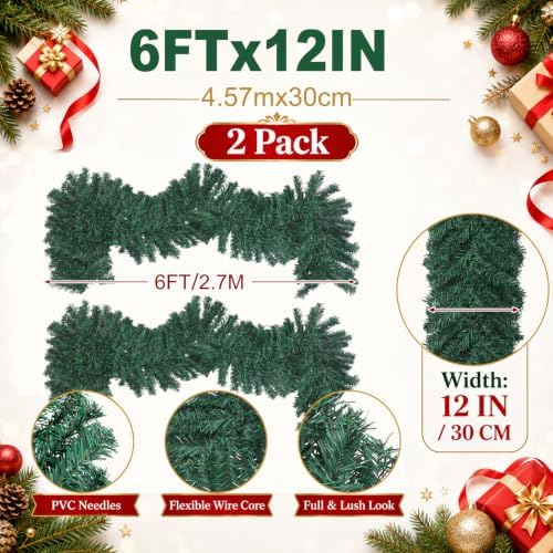 Suncalla 2 Pcs 6ft Thick Christmas Alaskan Pine Christmas Garland Greenery - Image 2