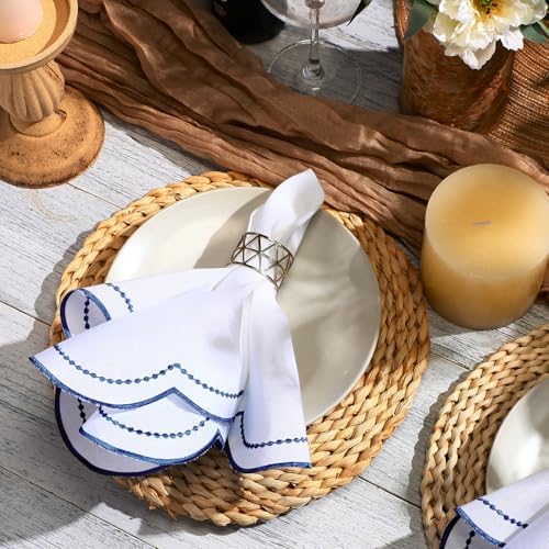 Hahafelt 12 Set Scalloped Cloth Napkins, Embroidery Polyester, Navy Blue - Image 4