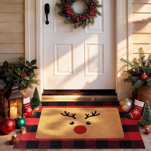 2-Piece Christmas Door Mat Set, Coir Front Door Mat & Red Black Plaid Mat by PIXFAIRY