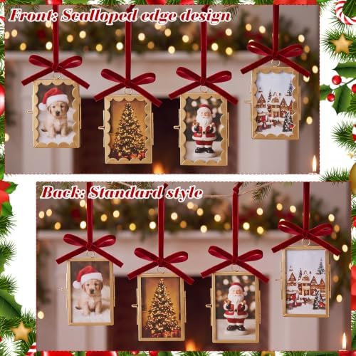 Qunclay 6 Pcs 2 x 3 Christmas Brass Picture Frame Ornaments Xmas Metal Double Glass Hanging Photo Frame with Burgundy Velvet Ribbon for Christmas Tree Decorations(Gold Burgundy, Scalloped Rectangle) - Image 5