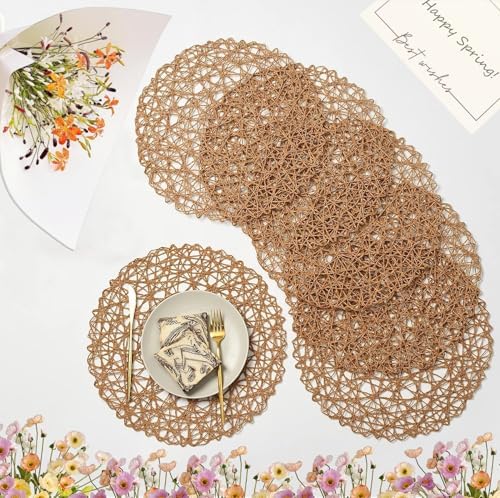 IcosaMro Round Woven Placemats Set of 12 for Dining Table, 15 Inches Paper Boho Decorative Circle Place Mats for Wedding Christmas Thanksgiving Day Holiday Dinner (Light Coffee Brown) by IcosaMro