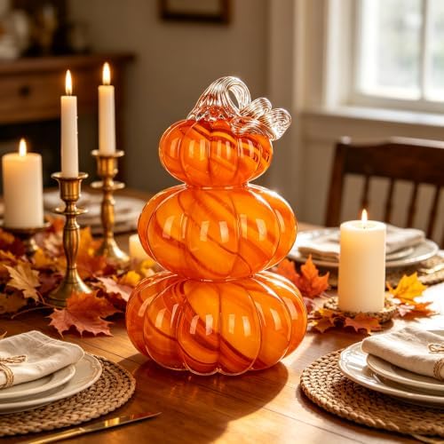 Stacked Glass Pumpkin Decor, Fall Halloween Table Centerpiece, Orange - Image 3
