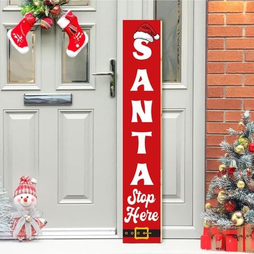 SRongmao Santa Stop Here Porch Sign Christmas Front Door Hanging Decorations 8x48inch Vertical Wooden Indoor Outdoor Standing Signs For Home Yard Farmhouse Holiday Decor - Image 2
