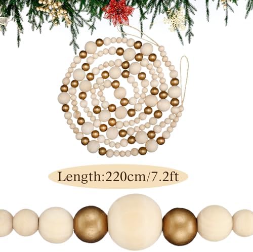 Bucherry 4 Pcs Christmas Wood Bead Garland 28.8 Feet, White, Gold - Image 2