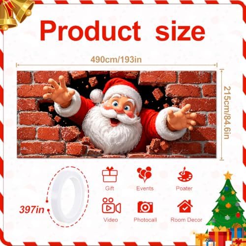Funny Santa Claus Christmas Garage Door Banner 7x16 FT, Large 2-Car Brick Wall Breaking Through Outdoor Mural Backdrop, Cool Holiday Hanging Peeking Cover Sign Decoration for House Exterior Party - Image 2