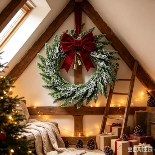 24'' Christmas Wreath for Front Door Real Touch Artificial Frosted Norfolk Pine Wreath with Burgundy Velvet Bow & Gold Bells for Indoor Outdoor Wall Window Porch Farmhouse Xmas Winter Holiday Decor - Image 4
