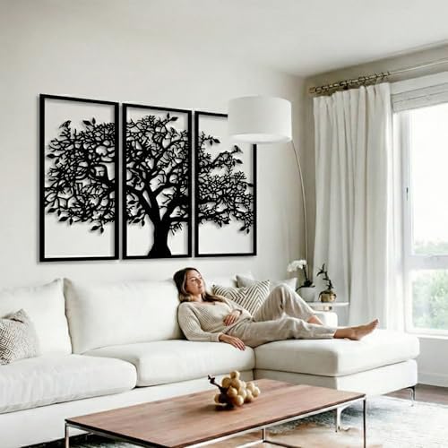 3 Panels Family Tree Metal Wall Decor Tree of Life Metal Wall Art, Home Bedroom Living Room Decor 3D Wall Art 3 Panels Family Tree Metal Wall Décor Modern Decoration (Black, 59"W x 40"H/150x101cm) - Image 4