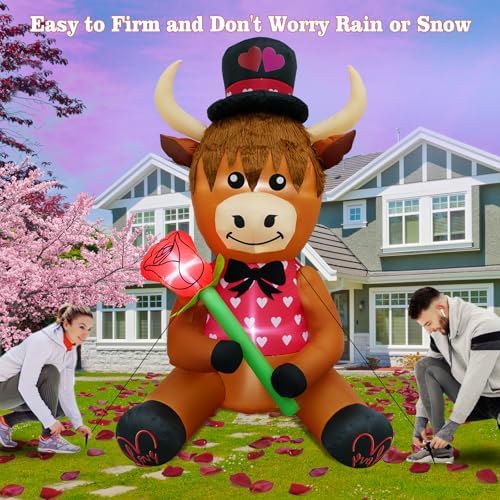 5FT Tall Valentine's Day Inflatable Highland Cow Holding a Rose, Blow Up Valentine's Day Outdoor Decoration Built-in 3 Led Lights for Wedding Propose Indoor Yard Party Supplies - Image 5