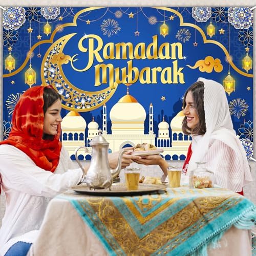 Mocsicka Ramadan Mubarak Decorations Backdrop Blue Gold Muslim Ramadan Kareem Banner Eid Mubarak for Home Muslim Party Supplies (Blue, 8x6ft) - Image 7