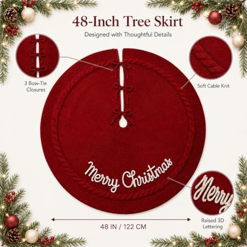 Junkin 48 Inch Christmas Tree Skirt Burgundy Cable Knitted Tree Skirt - Image 3