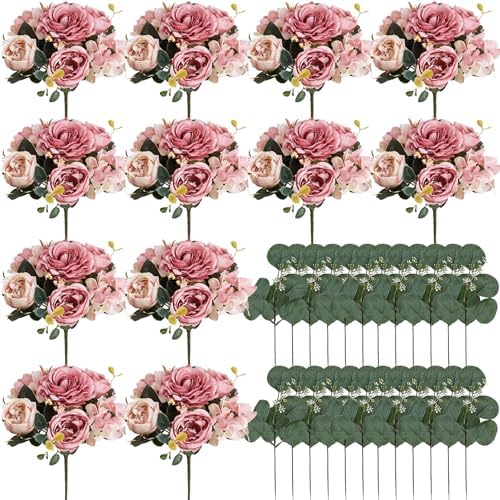 12 Bundles Dusty Pink Peonies Artificial Flowers for Centerpieces by Nagobi