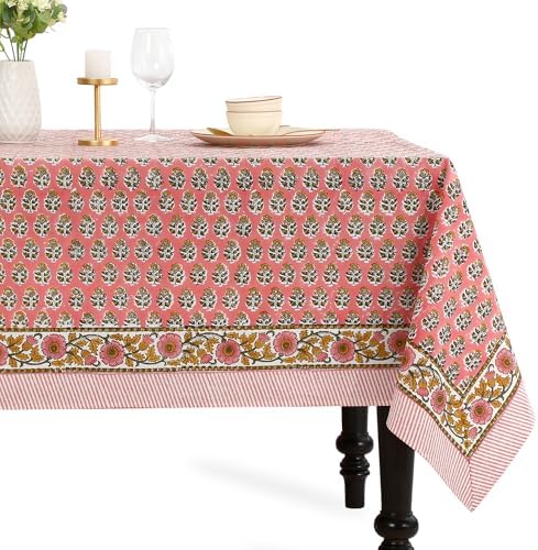 CPC Tablecloth 100% Cotton 72x140 Inch Indian Block Print Rectangle Table Cover, Washable Table Cloth for Weddings, Spring/Summer, Barbeque - Poppy Pink by COTTONPRINTCLUB