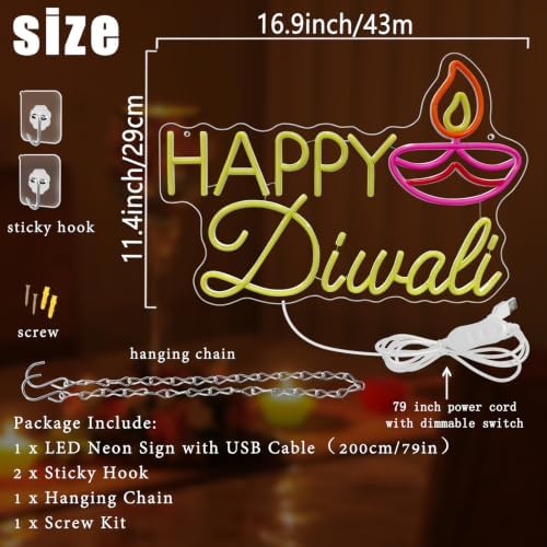 Happy Diwali Neon Sign Dimmable Festival of Light Oil Lamp Neon Light - Image 3