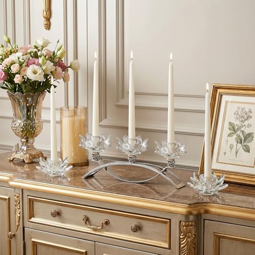 Crystal Lotus Taper Candle Holders, 3 Arms Metal Crystal Candlesticks, Decorative Flower-Shaped Candle Holders for Dining Table Centerpiece, Wedding, Home & Holiday Decor (Clear, Set of 3) - Image 4