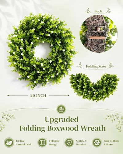 20" Boxwood Wreath for Front Door, Everyday Green Wreath with White Flowers - Image 4