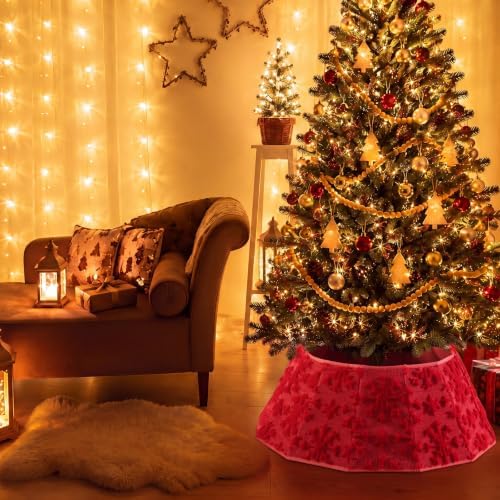 Soulchen 30 Inch Christmas Tree Collar Red Snowflake Tree Skirt Ring Jacquard Velvet Foldable Christmas Base Cover for Xmas Base Stand Cover Holiday Party Indoor Home Decorations - Image 5