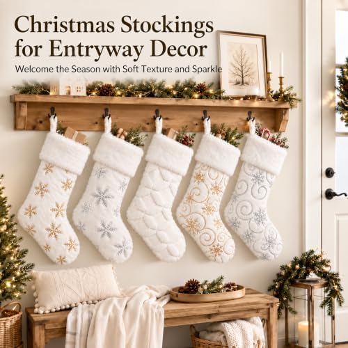 CARAKNOTS White Christmas Stockings 5 Pack, Large Faux Fur Mix Sequin - Image 3