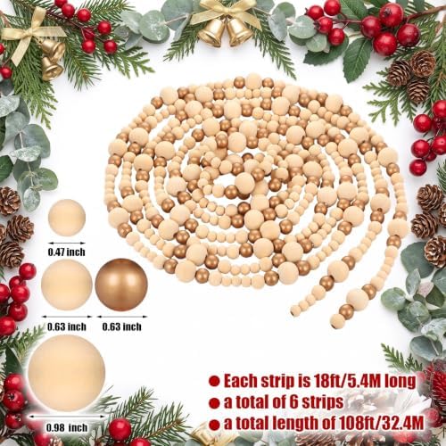 6 Pcs Christmas Tree Wood Bead Garland, 18 ft Each, Gold Wood Color - Image 2