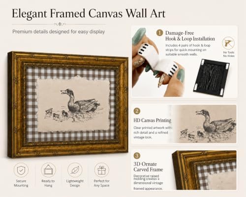 Gold Framed Duck Wall Art, Farmhouse Gingham Canvas Print, 16x12 - Image 2