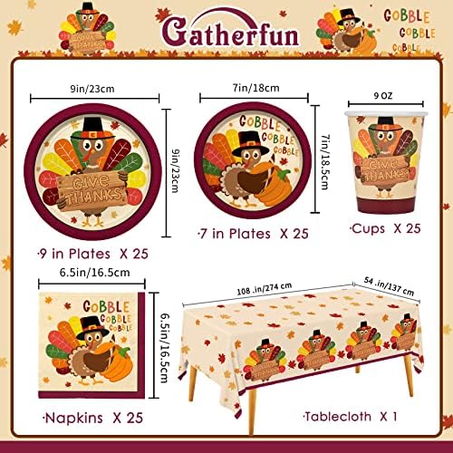 Gatherfun Turkey Thanksgiving Party Supplies Kit, Autumn Disposable Dinnerware Includes, Paper Dinner Plates, Dessert Plates, Napkins, Cups, and Tablecloth, for Fall party Decorations, Serve 25 - Image 2