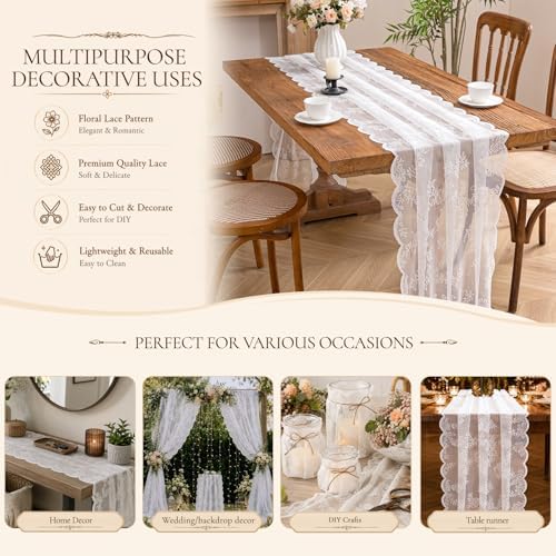 White Lace Table Runner with Floral Embroidered (3pcs, 28”x118”) - Image 4