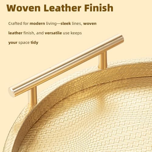 2 Piece Golden Round Serving Tray with Handles, Woven-Texture Faux Leather Ottoman Tray for Living Room, Decorative Tray for Coffee Table Home Decor - Image 5