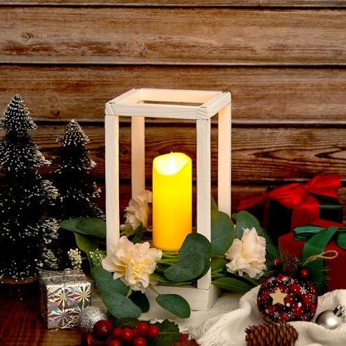 Sabary 5 Sets/ 10 Pcs Wooden Lantern Centerpieces with Candles, White - Image 5