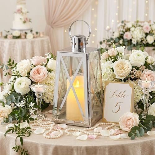 TRIROCKS Stainless Steel Decorative Lantern 12'' H Metal Candle Holder Hanging Candle Lantern with Tempered Glass for Christmas Home Decor Living Room Parties Events Indoor Outdoor(Silver Trapezoid) by TRIROCKS