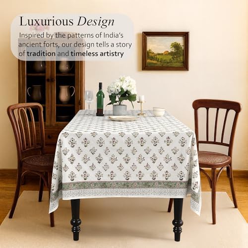 CPC Fall Green Block Print 100% Cotton Rectangle Tablecloth 72x140 Inch - Image 2
