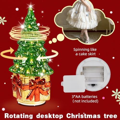 Glass Christmas Trees for Tabletop, Rotating Mercury Glass Christmas Tree Decoration, Sparkling Small Xmas Tree with Lights, Battery Operated Xmas Trees with Timer (Green) - Image 3