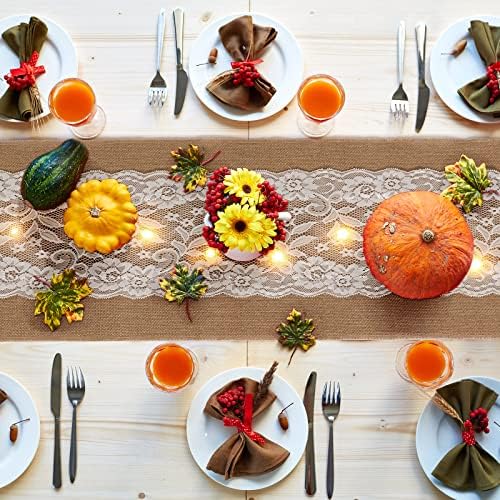 Tudomro 6 Pcs Burlap Table Runner with LED String Lights 12 x 108 Inches Rustic Jute Lace Table Runners Farmhouse Jute Linen Decoration Wedding Decor for Holiday Party Wedding Decorations - Image 6