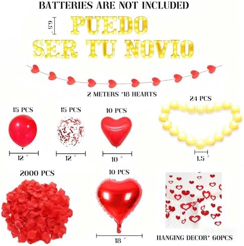 Puedo Ser Tu Novio Light Up Letters Proposal Decorations, 15Pcs 6.3" Letter Signs, 24Pcs Flameless Candles 2000Pcs Red Artificial Rose Petals 40Pcs Latex Balloons 10Pcs Heart Balloon Valentine's Day - Image 2