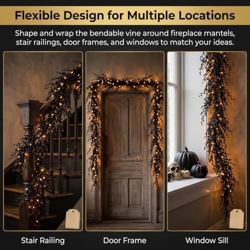 Halloween Garland with Lights, Black Vine Garland for Fireplace Mantel, Halloween Mantel Decor, Gothic Party Decoration, Flexible Indoor Hanging Decor (9 FT (2.7M)) - Image 4