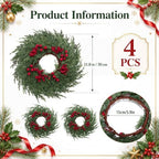 4 Pcs Mini Christmas Cedar with Berries Wreaths 12" Drop Wreath - Image 2