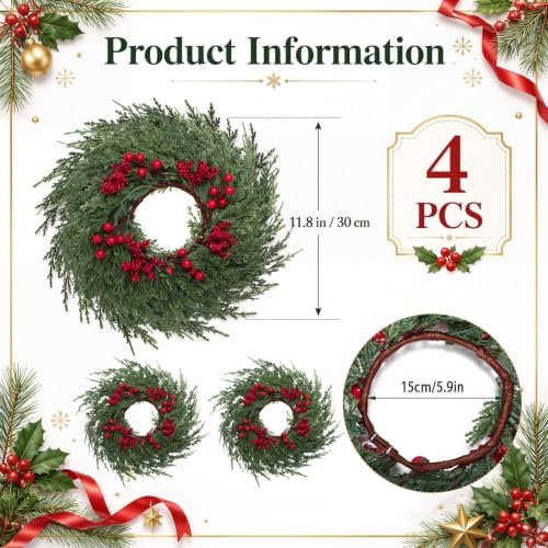 4 Pcs Mini Christmas Cedar with Berries Wreaths 12" Drop Wreath - Image 2