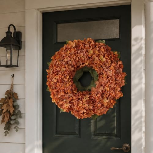 21" Fall Artificial Hydrangea Flower Wreath for Front Door Decor(Orange) - Image 2