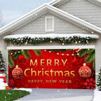 Christmas Garage Door Banner – Red Holiday Mural Cover with Gold "Merry Christmas and Happy New Year" Text, Ornaments, Snowflakes, and Pine Decor – Outdoor Xmas Decoration for Garage or Porch - Image 5