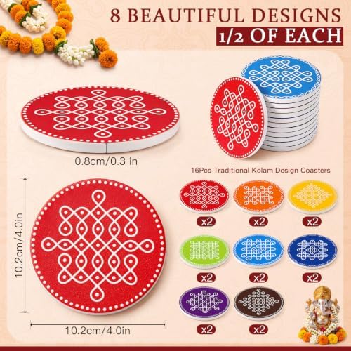 16 Pcs Indian Return Gifts Mini Kolam Ceramic Round Pooja Stand, Multicolor - Image 3